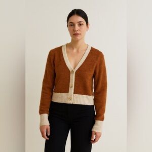 YES/LOLA Brown & Cream Button-Up Cropped Cardigan – Women’s XS